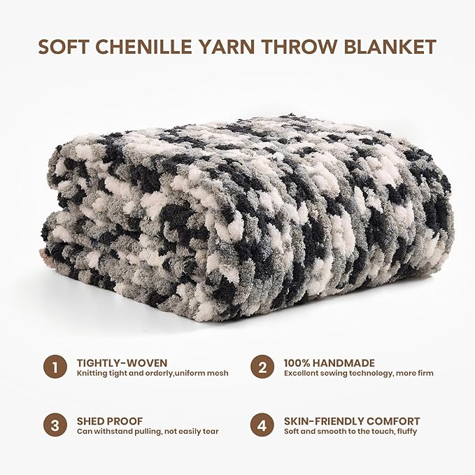 L'AGRATY Chunky Knit Blanket Throw: 60''x80'' Chenille Chunky Knitted Throw Blankets for Twin Bed Couch - Handmade Thick Cable Knit Blanket - Large Crochet Rope Blankets for Home Decor