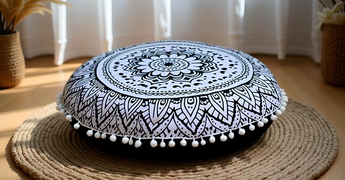 CRAFT KALA 32" Round Mandala Boho Pillow Cover Meditation India Room Seating Poufs Cover for Living Yoga Room Home Décor Bedroom Balcony Garden Decoration Cotton Floor Cushion Cover Black White Flower
