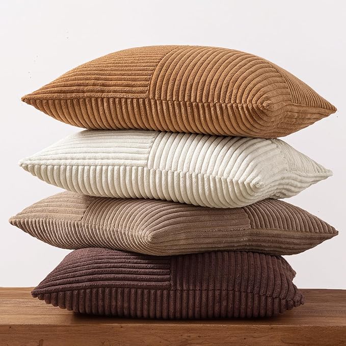 MIULEE Brown Throw Pillow Covers 16x16 Inch Set of 4 Boho Farmhouse Cushion Cases Neutral Gradient Corduroy Pillow Cases with Invisible Zipper Patchwork Home Decor for Couch Sofa Bed