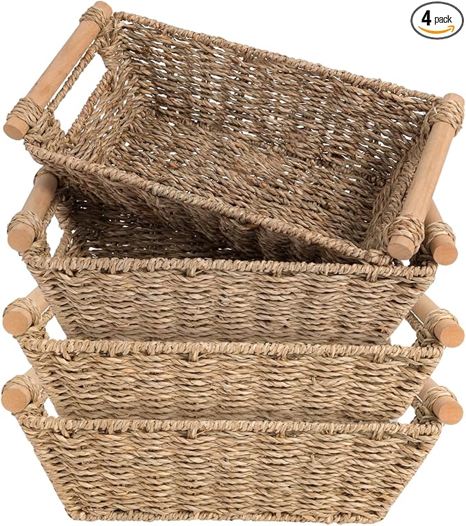 Small Wicker Baskets,small baskets for organizing,wicker storage Basket,small woven basket Seagrass Storage Baskets,Rattan Basket for Shelves Toilet Paper Basket with Handle,4 Pack