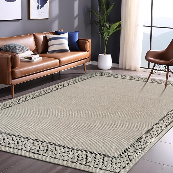 Easy Jute Rugs 6x9 Frame Bone Color Living Room Indoor Outdoor Area Rug for Patio and Kitchen Rug High Traffic Washable Easy to Clean Solid Boho Woven Design Carpet (6 x 9)