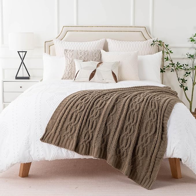 Battilo Camel Tan Throw Blanket for Couch,51"x67", Cable Chenille Knitted Throw Blankets for Bed, Sofa, Chair,Living Room, Soft Cozy Thick Warm Decorative Textured Blanket.