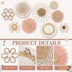 Chunful 9 Pcs Boho Nursery Wall Decor Daisy Flower Woven Macrame Seagrass Rattan Basket Wall Hanging Bohemian Decorations Gifts for Home Dorm Art Farmhouse Bedrooms Living Room(Pink Brown)