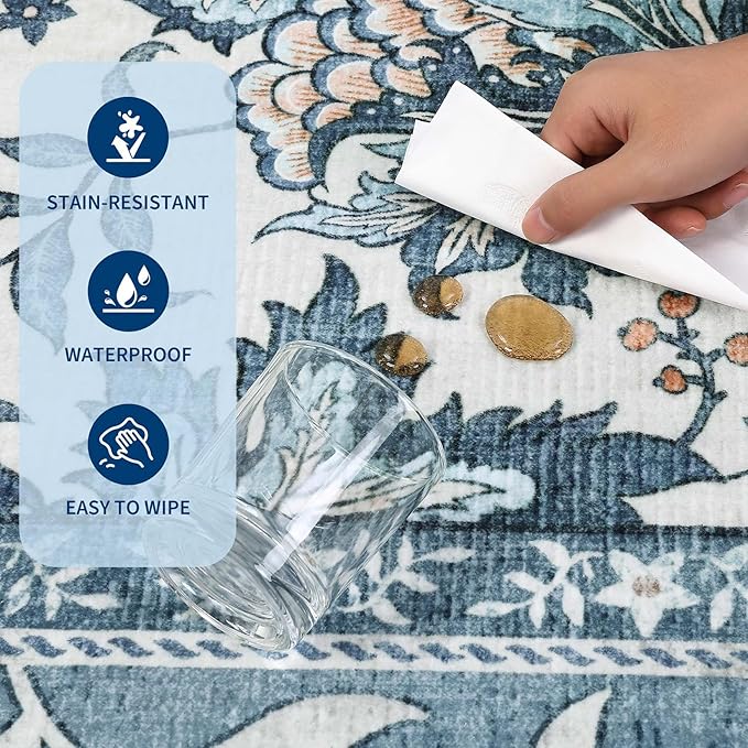 GarveeHome Misty Blue Botanical Grove 4ft Round Rug, Small Circle Vintage Cottagecore Soft Low-Pile Non-Slip Washable Rugs for Living Room Bedroom Nursery Kitchen Retro Carpet