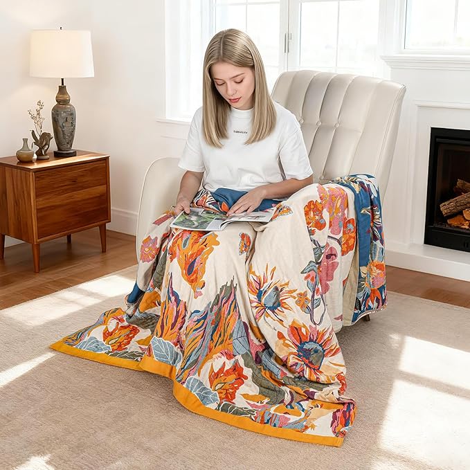 MACEVIA 100% Cotton Boho Throw Blanket, Soft Lightweight Butterfly Floral Design, 80"x90" Large Bedspread for Queen Bed, Couch Sofa, Cottagecore Decor(Butterfly Floral)