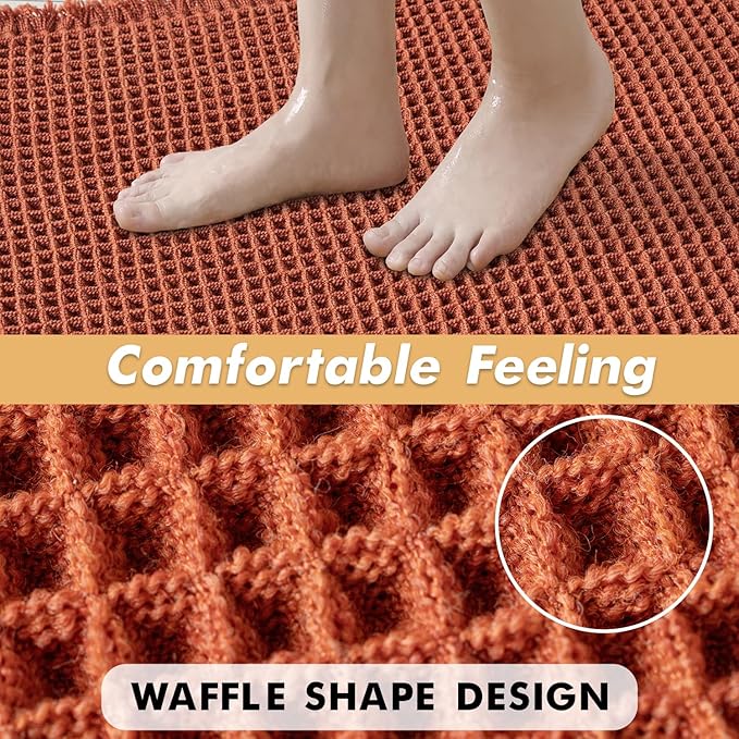 MIULEE Orange Set of 2 Waffle Bathroom Rugs, Boho Bath Rugs Non Slip Washable, Super Absorbent Bath Mats, Ultra Soft Rubber Backed Shower Mats for Bathroom Floor, Tub and Shower, 17x24 Inch