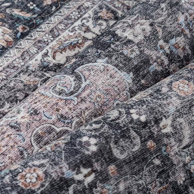 8x10 Washable Vintage Area Rug Black Grey Living Room Bedroom Carpet Non-Slip Soft Low Pile Distressed Indoor Large Throw Rug for Dining Room Office