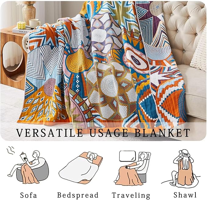 Boho Blanket Soft Muslin BohoThrow Blanket, 100% Cotton Floral Printed Farmhouse Decor All Season Reversible Rustic Throw for Sofa Couch Chair (Orange, 50"x60")