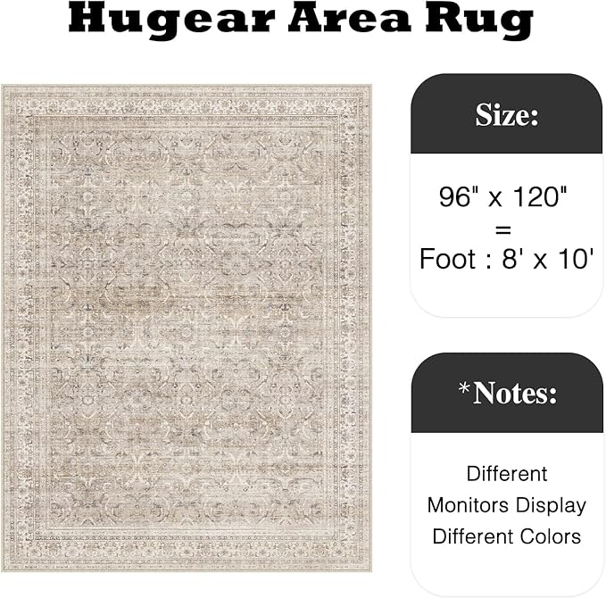HUGEAR Area Rug 8x10 Vintage Beige Machine Washable Living Room Rugs Distressed Retro Floral Vacuumable Low Pile Carpet Bedroom Office Dining Room Laundry Room Non Slip Soft Lightweight