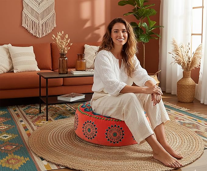 Orange Round Velvet Pouf Cover - Soft Embroidered Ottoman Slipcover with Moroccan Design, 24 Inch Diameter, Ideal for Living Room, Bedroom, or Meditation Space - Decorative Floow Pillow Cushion