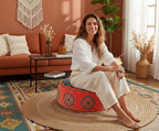 Orange Round Velvet Pouf Cover - Soft Embroidered Ottoman Slipcover with Moroccan Design, 24 Inch Diameter, Ideal for Living Room, Bedroom, or Meditation Space - Decorative Floow Pillow Cushion