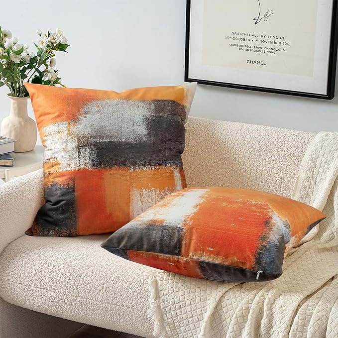 COLORPAPA Burnt Orange Throw Pillow Covers 18x18 Set of 4 Decorative Cushion Cover Taupe Abstract Art Painting Pillowcase for Sofa Bedroom Living Room Décor