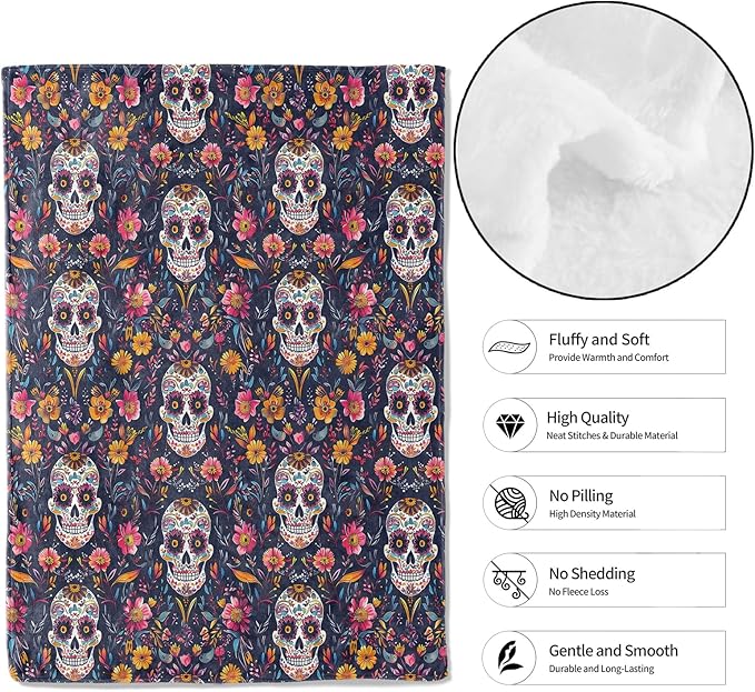 Sugar Skull Throw Blanket - 60x80in,Ultra Soft, Cozy Lightweight Flannel,Colorful Day of The Dead Blankets - Gifts for Women & Gothic Lovers,for Halloween Couch Home Living Room Festive Decor