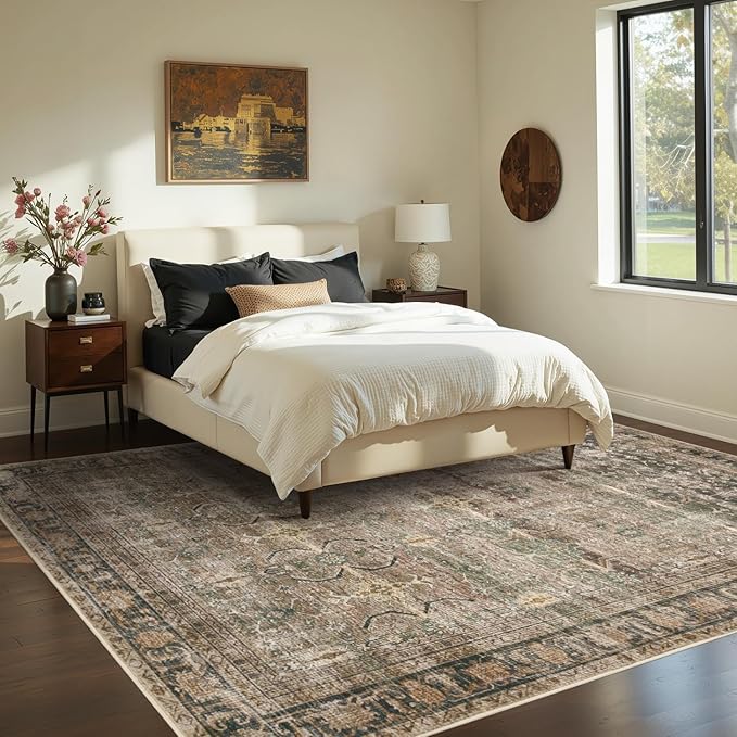 Brown 5x7 Area Rugs for Living Room Bedroom, Large Washable Rug, Vintage Retro Boho Rug, Non Slip & Low Pile Faux Wool Thin Carpet for Indoor Dining Room and Kids Room(Charcoal/Olive 5x7ft)