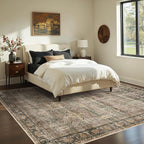 Brown 5x7 Area Rugs for Living Room Bedroom, Large Washable Rug, Vintage Retro Boho Rug, Non Slip & Low Pile Faux Wool Thin Carpet for Indoor Dining Room and Kids Room(Charcoal/Olive 5x7ft)