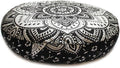 CRAFT KALA Mandala Floor Pillow Cushion Cover Seating Throw Cover Hippie Decorative Bohemian Ottoman Poufs Pom Pom Pillow Cases Boho Indian Cotton Living Room Home Décor 35" Round, Black Silver Flower