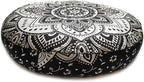 CRAFT KALA Mandala Floor Pillow Cushion Cover Seating Throw Cover Hippie Decorative Bohemian Ottoman Poufs Pom Pom Pillow Cases Boho Indian Cotton Living Room Home Décor 35" Round, Black Silver Flower