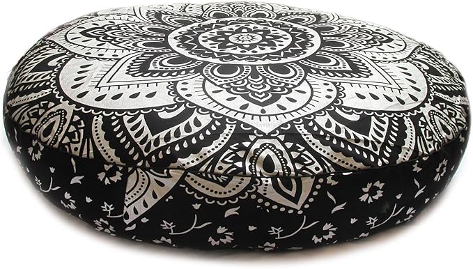 CRAFT KALA Mandala Floor Pillow Cushion Cover Seating Throw Cover Hippie Decorative Bohemian Ottoman Poufs Pom Pom Pillow Cases Boho Indian Cotton Living Room Home Décor 35" Round, Black Silver Flower