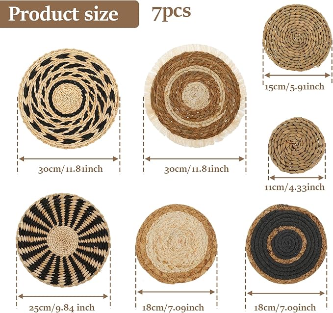 7Pack Boho Wall Basket Set Hanging Woven Wall Basket Decor Rattan Flat Round Wicker Wall Art Set Round Wall Art for Living Room Kitchen Office Bathroom Dining Room (Style 1)