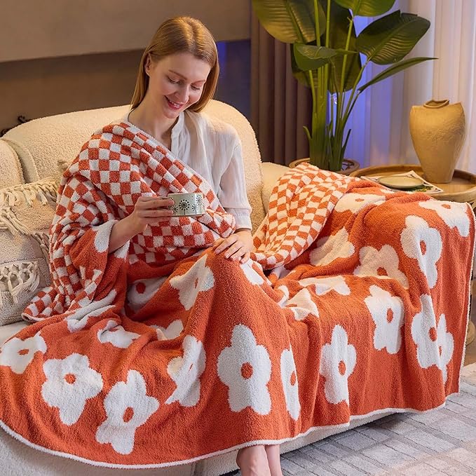 Checkered Throw Blanket, Orange Flower Blanket for Couch, 50"x60" Soft Plaid Knit Blanket for Home Decor, Reversible Checkerered Blankets for Sofa, Chair, Bed