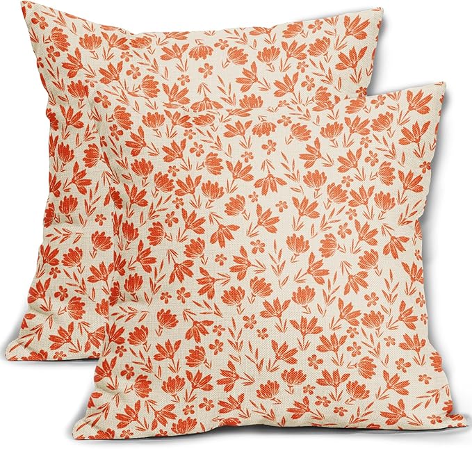 Orange Floral Pillow Covers 24x24 Set of 2 Vintage Rustic Old Style Cute Small Flower Cream Print Decorative Outdoor Pillowcases Farmhouse Throw Cushion Case Decor for Couch Sofa Bed
