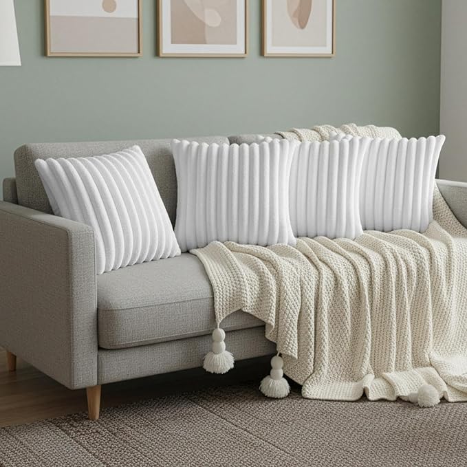 White Throw Pillow Covers 18 x 18 Set of 4, Cute Boho Throw Pillow Cover for Couch/Bed, Decorative Pillows Covers for Sofa/Bed, Accent Pillow Covers for Living Room, Rustic/Home/Room Decor