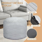 Round Stuffed Pouf Ottoman Foot Rest for Couch Round Ottoman with Foam Chunk Filling Stripe Faux Fur Ottomans for Living Room Floor (26"x18",Light Grey)
