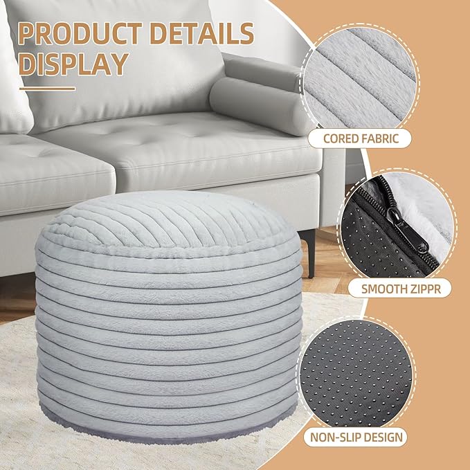 Round Stuffed Pouf Ottoman Foot Rest for Couch Round Ottoman with Foam Chunk Filling Stripe Faux Fur Ottomans for Living Room Floor (20"x15",Light Grey)