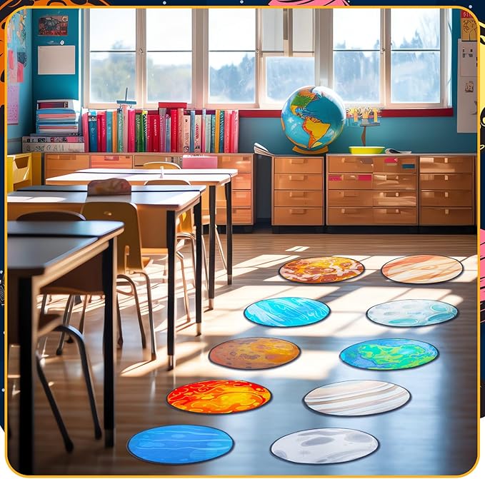Tinideya 12 Pcs Kids Carpet Circle Seats for Class 16 Inch Round Classroom Rug Floor Cushions Soft First Day of School Educational Mat Non Slip Back to School Learning Playing Areas(Space Planet)