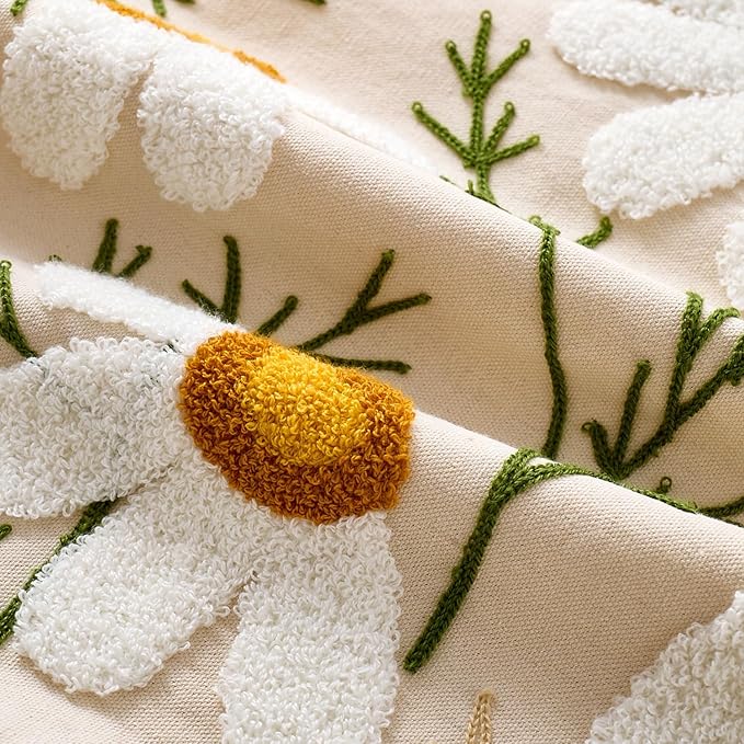 Embroidered Throw Pillow Covers Boho Farmhouse Daisy Tufted Pillow Covers Floral Decorative Couch PillowCases 20x20 Cottagecore Square Cushion Cover Set of 2 for Living Room Couch Sofa Bed Home Decor