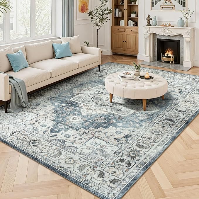 Lessymo Large Area Rugs for Living Room, Soft 6x9 Washable Rug for Bedroom Dining Room Nursery Room Farmhouse, Boho Non Slip Low Plie Carpet Vintage Floral Design, Blue Grey/Beige