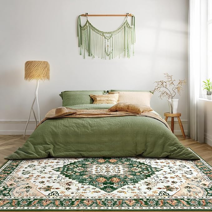 Amearea Vintage Design Area Rugs for Living Room, 5x8 Machine Washable Floral Collection Traditional Bedroom Rug, Low Pile Cute Kids Room Print Carpet, No Slip Office Kitchen Home Decor, Green