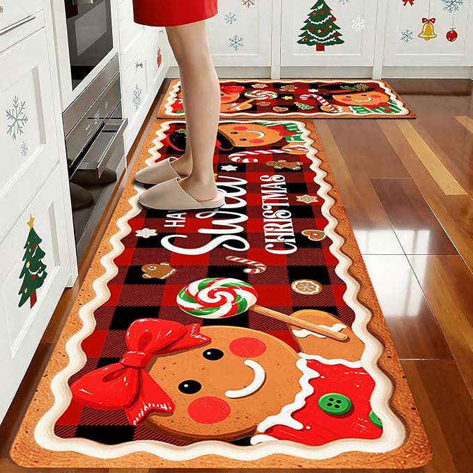 Christmas Rugs for Kitchen Floor, Gingerbread Man Mats for Kitchen Floor Non Slip, 2PCS Rubber Kitchen Mat, Washable Cushioned Runner Carpet Rug for Sink Laundry 15.7"×27.5" +15.7"×47" Red 3.5mm