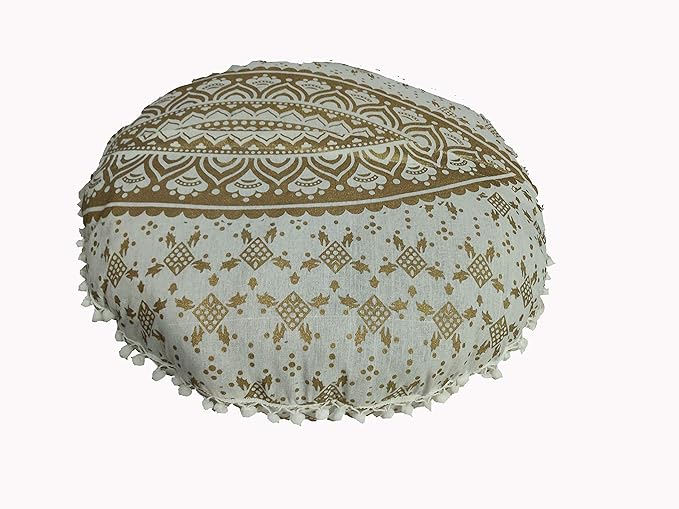 CRAFT KALA Mandala Floor Pillow Cushion Cover Seating Throw Cover Hippie Decorative Bohemian Ottoman Poufs Pom Pom Pillow Cases Boho Indian Cotton Living Room Home Décor 24" Round White Gold Ombre
