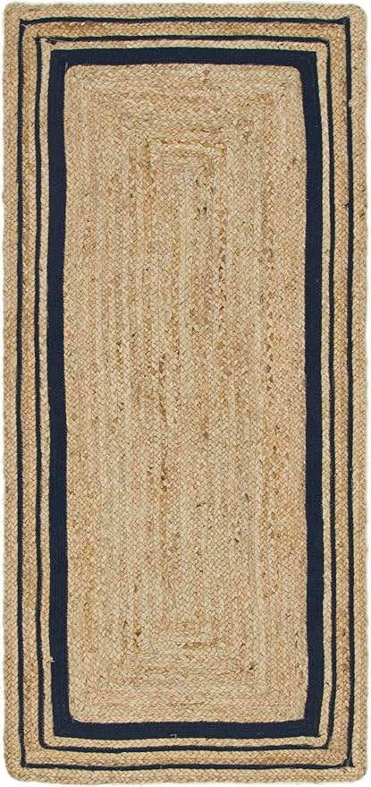 Unique Loom Braided Jute Collection Classic Quality Made Natural Hand Woven with Coastal Design Area Rug (2' 6 x 6' 0 Runner, Natural/ Navy Blue)