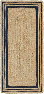 Unique Loom Braided Jute Collection Classic Quality Made Natural Hand Woven with Coastal Design Area Rug (2' 6 x 6' 0 Runner, Natural/ Navy Blue)