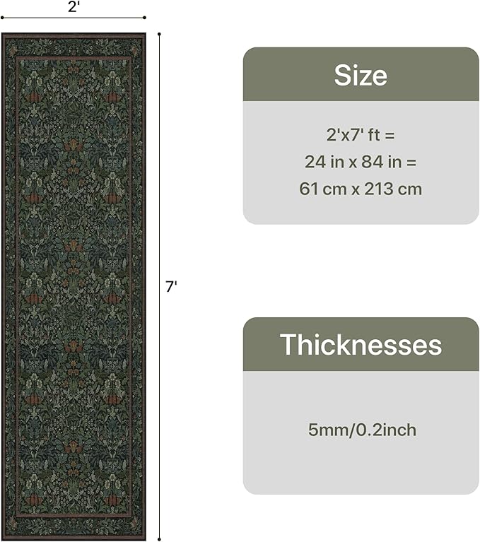 GENIMO Washable Floral Runner Rug 2x7, Non-Slip Long Hallway Carpet for Entryway, Kitchen, Indoor Floor Use, Vintage Boho Soft Thin Rug Décor, Dark Green