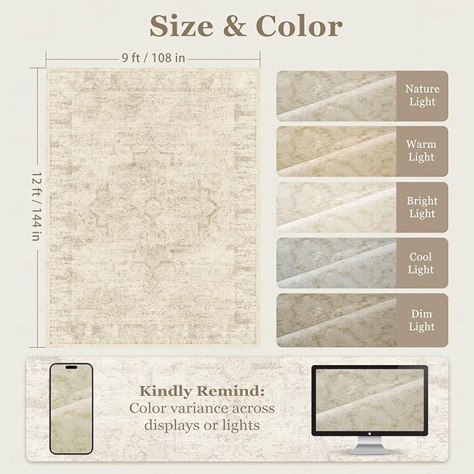 Beige Distressed Washable Area Rugs 9x12 Living Room, Farmhouse Medallion Printed Big Carpet Rugs for Bedroom, Washable Non Slip Low Pile Thin Rugs for Dining Room Home Office Natural Color