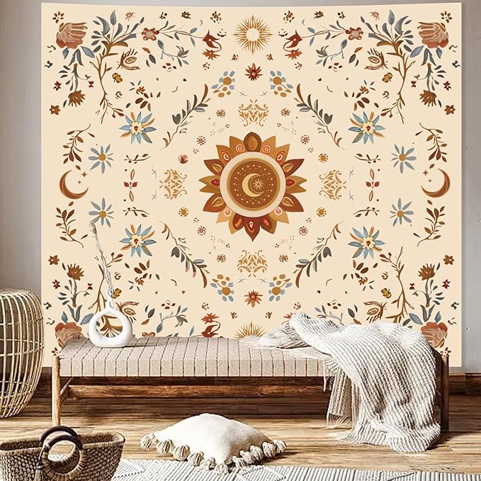 Apdidl Boho Sun Floral Tapestry Wall Hanging Bedroom Aesthetic, Bohemian Vintage Moon Girl Room Decor Tapestries, Cute India Hippie Outdoor Wall Covering for Living Room Dorm (51"X60")