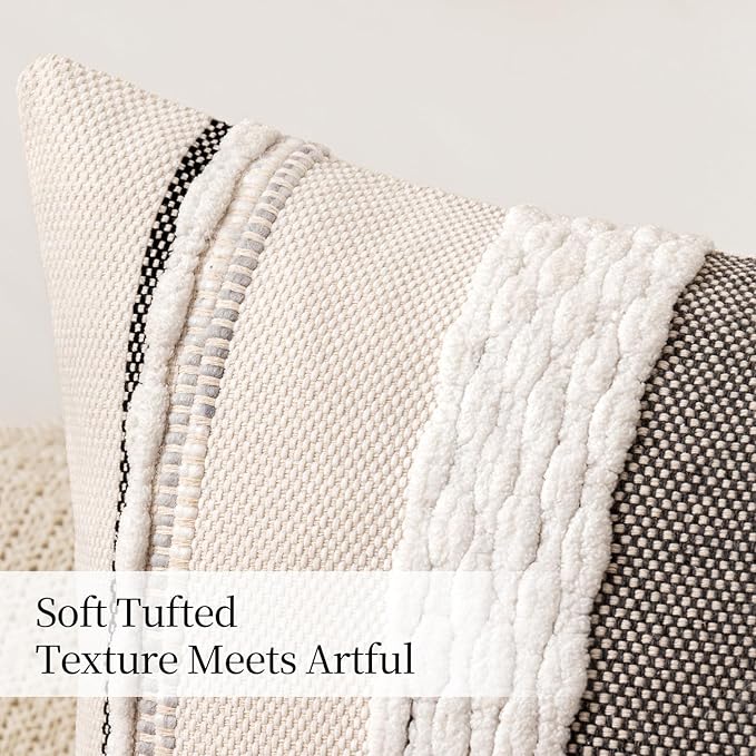 ANRODUO Pack of 2 Boho Decorative Throw Pillow Covers 20x20 Farmhouse Cushion Case Striped Chenille Pillow Cases Square Pillow Covers Accent Neutral Pillowcase for Sofa Couch Bed, White Stripe