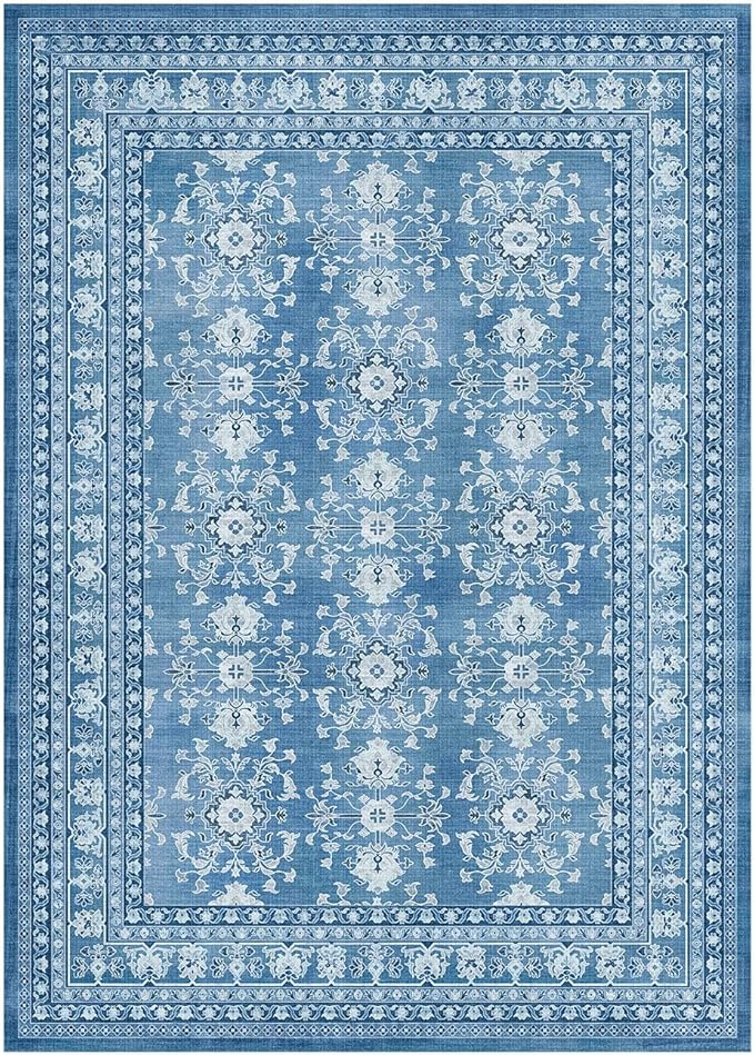 Lessymo 5x7 Area Rugs for Living Room, Machine Washable Non Slip Rug, Soft Low Pile Carpet for Bedroom Dining Home Office, Vintage Blue/White Distressed Floral Floor Mat