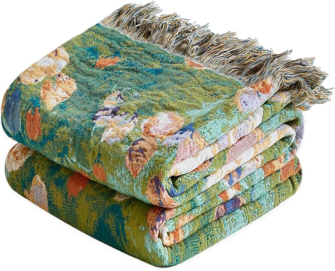 Boho Throw Blanket - 100% Cotton Throw Blankets for Bed Couch, 50"x60" Soft Muslin Lightweight Spring Throw Blanket, Cozy Floral Plant Printed Bohemain Bedding Decor Green Throw Quilt