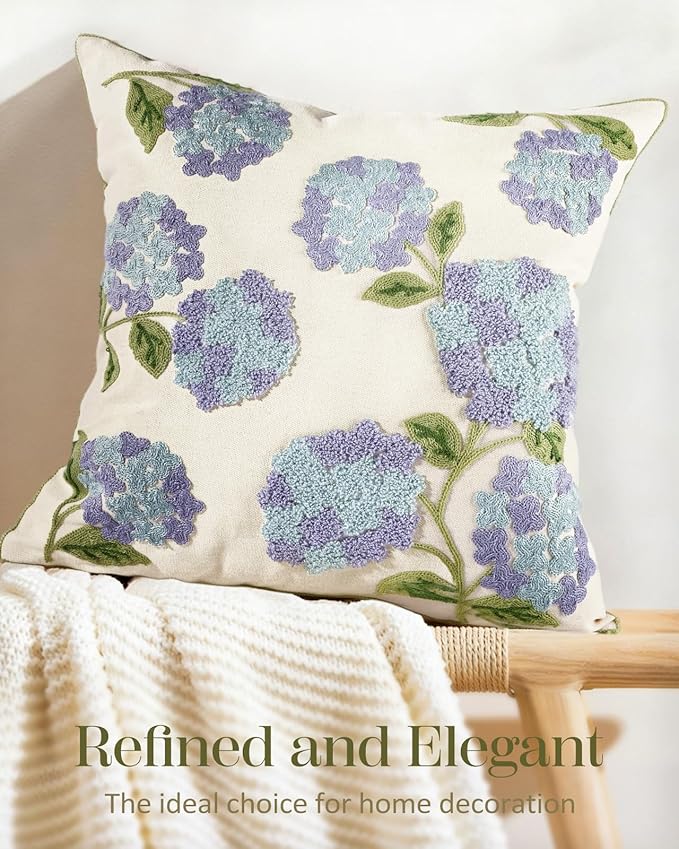 Embroidered Throw Pillow Cover - 18x18 Decorative Pillow Cover with Zipper Aesthetic Cute Design Boho Spring Summer Cozy Throw Pillowcase for Living Room Couch Sofa Bed, Blue Hydrangea