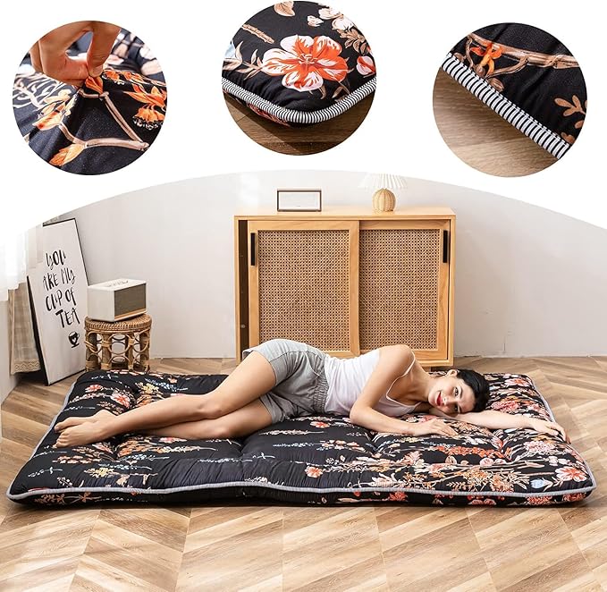 MAXYOYO Black Floral Japanese Futon Floor Mattress, Bed Mattress Topper Portable Thick Sleeping Pad Floor Bed Roll Up Camping Mattress Folding Couch Bed Mattress Pad for Guest Room, Twin Size