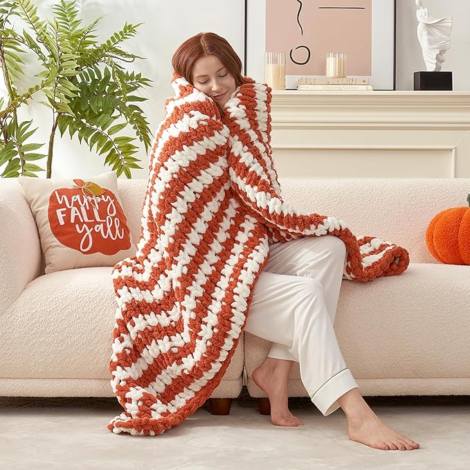 Amélie Home Chunky Knit Throw Blanket for Couch, Soft Chenille Crochet Blanket for Sofa, 50"x60", Burnt Orange & White Striped