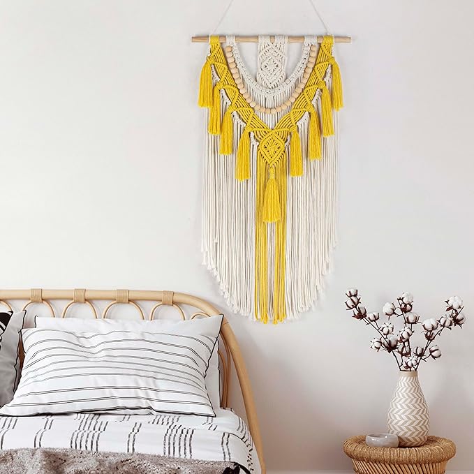 HVEST Yellow Macrame Wall Hanging Boho Wall Decor Handmade Woven Tapestry for Bedroom Living Room Dorm Nursery Bathroom Home Modern Decor Artwork, 29.9L X 15.7W inches