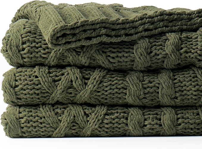 Battilo Olive Green Throw Blanket for Couch, Chunky Cable Knit Blanket, Woven Soft Cozy Chenille Throw Blanket for Bed, Sofa, Chair, Living Room, 51"x67"