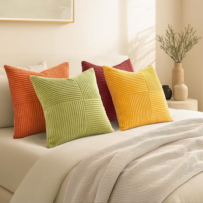Topfinel Fall Burnt Orange Decorative Throw Pillows Covers 18x18,Soft Corduroy Square Throw Pillow Covers Set of 4,Western Farmhouse Cushion Cover for Couch Sofa Bedroom(Terracotta,Rust,Yellow)
