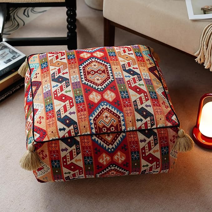 Boho Unstuffed Pouf Cover Ottoman Footrest Indian Mexcian Foot Stool Floor Bean Bag Floor Chair Storage for Living Room Bedroom Decor (Boho Red, Square)