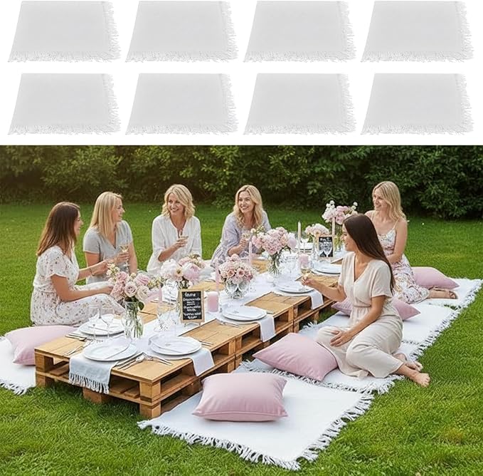 8 Pcs Outdoor Picnic Blanket 35"x35" Boho Blanket Woven Cotton Yarn Portable Mat Plaid with Fringe Washable for Picnic Party Camping Beach Travel Lawn Indoor Bohemia Decor (White)